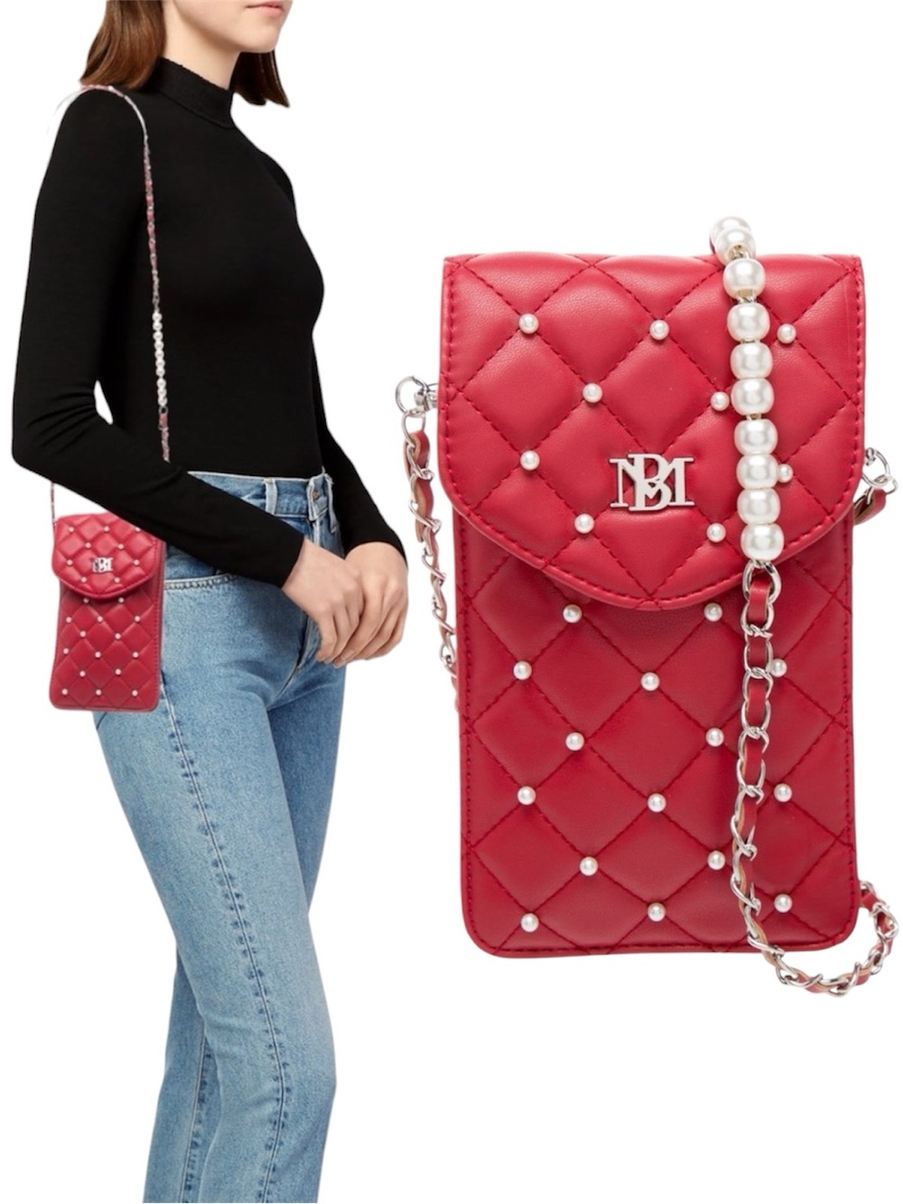 🆕 Badgley Mischka Quilted Red Pearl Embellished Phone Holder Crossbody Bag